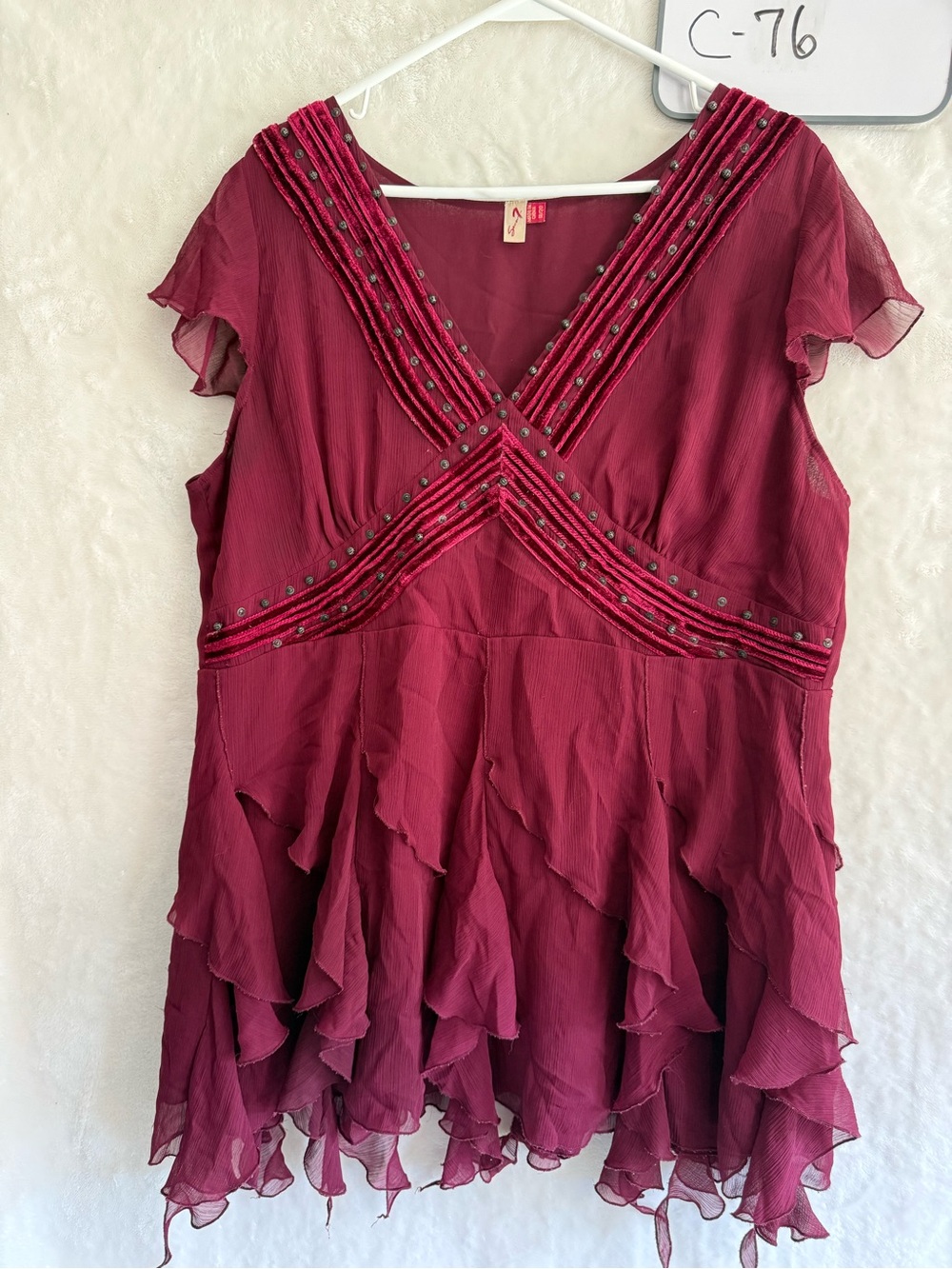 Seven7 Deep Wine Ruffle V-Neck Blouse with Beaded Trim